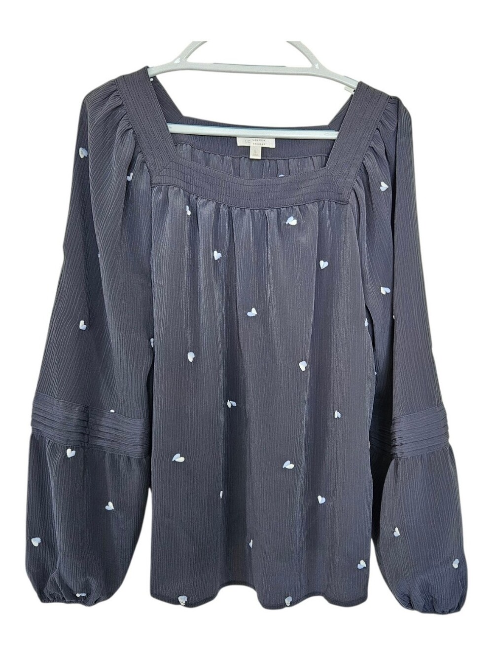 LC Lauren Conrad Slate Gray Square-Neck Blouse with Heart Print